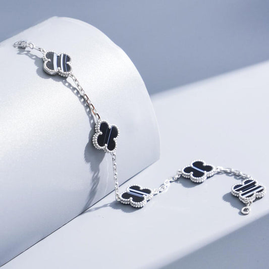[Royal&Vicky]CLOVER 5 MOTIF VEINED ONYX BRACELET SILVER