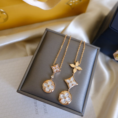[Royal&Vicky]COLOR BLOSSOM LARIAT NECKLACE PINK GOLD WHITE MOTHER PEARL AND DIAMOND