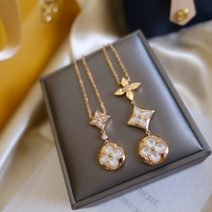 [Royal&Vicky]COLOR BLOSSOM LARIAT NECKLACE PINK GOLD WHITE MOTHER PEARL AND DIAMOND