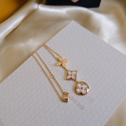 [Royal&Vicky]COLOR BLOSSOM LARIAT NECKLACE PINK GOLD WHITE MOTHER PEARL AND DIAMOND