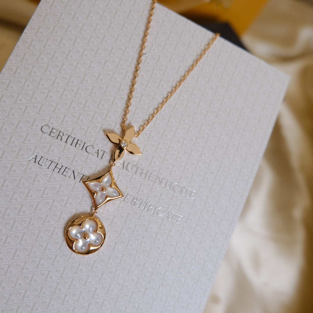 [Royal&Vicky]COLOR BLOSSOM LARIAT NECKLACE PINK GOLD WHITE MOTHER PEARL AND DIAMOND