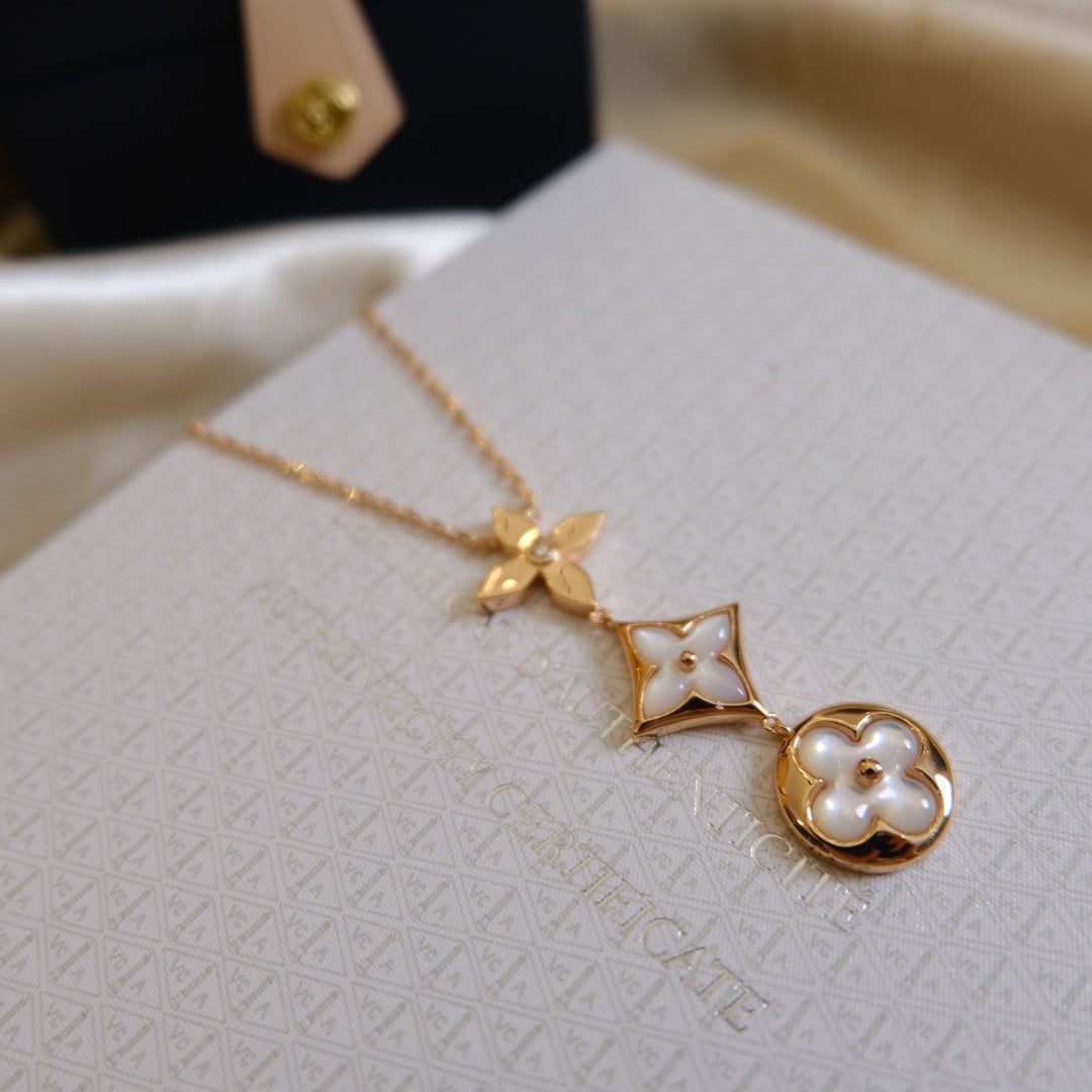 [Royal&Vicky]COLOR BLOSSOM LARIAT NECKLACE PINK GOLD WHITE MOTHER PEARL AND DIAMOND