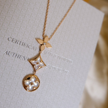 [Royal&Vicky]COLOR BLOSSOM LARIAT NECKLACE PINK GOLD WHITE MOTHER PEARL AND DIAMOND