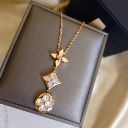 [Royal&Vicky]COLOR BLOSSOM LARIAT NECKLACE PINK GOLD WHITE MOTHER PEARL AND DIAMOND