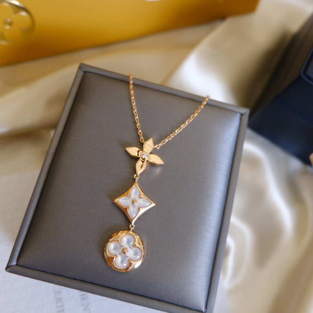 [Royal&Vicky]COLOR BLOSSOM LARIAT NECKLACE PINK GOLD WHITE MOTHER PEARL AND DIAMOND