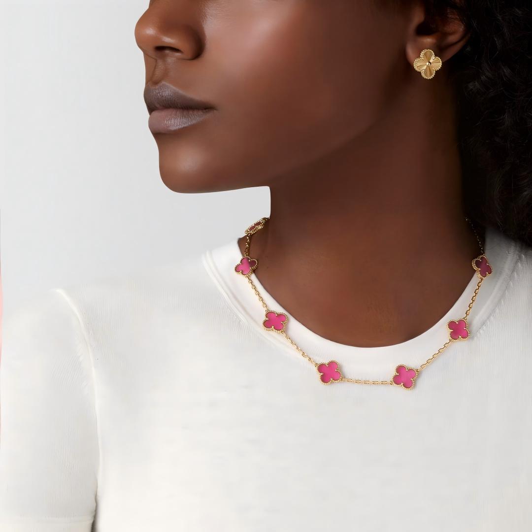 [Royal&Vicky]NEW CLOVER 10 MOTIFS PINK ENAMEL NECKLACE