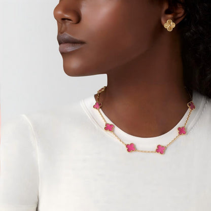 [Royal&Vicky]NEW CLOVER 10 MOTIFS PINK ENAMEL NECKLACE