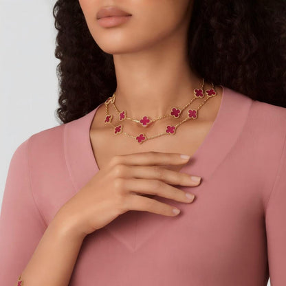 [Royal&Vicky] NEW CLOVER 20 MOTIFS PINK ENAMEL NECKLACE