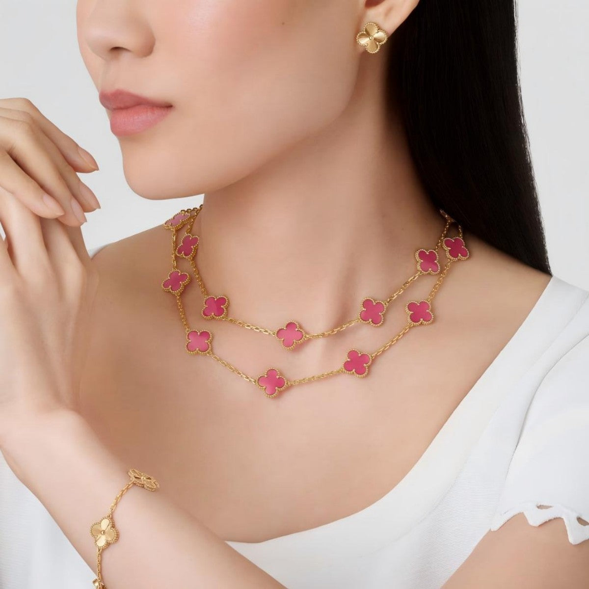 [Royal&Vicky] NEW CLOVER 20 MOTIFS PINK ENAMEL NECKLACE
