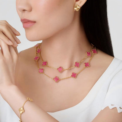 [Royal&Vicky] NEW CLOVER 20 MOTIFS PINK ENAMEL NECKLACE