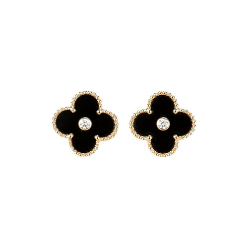 [Royal&Vicky]CLOVER MEDIUM 1 MOTIFS ONYX DIAMOND EARRINGS