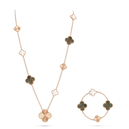 [Royal&Vicky]DETACHABLE CLOVER 15(11+4) FLOWER ROSE GOLD NECKLACE SET