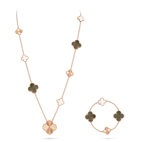 [Royal&Vicky]DETACHABLE CLOVER 15(11+4) FLOWER ROSE GOLD NECKLACE SET