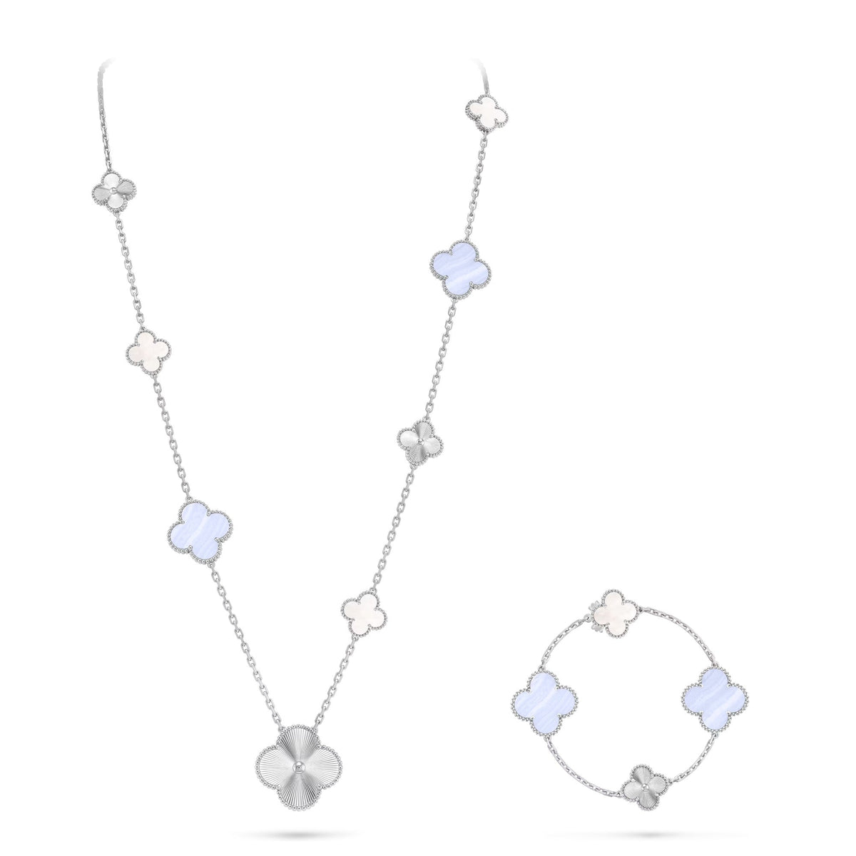 [Royal&Vicky]DETACHABLE CLOVER 15(11+4) FLOWER SILVER NECKLACE SET