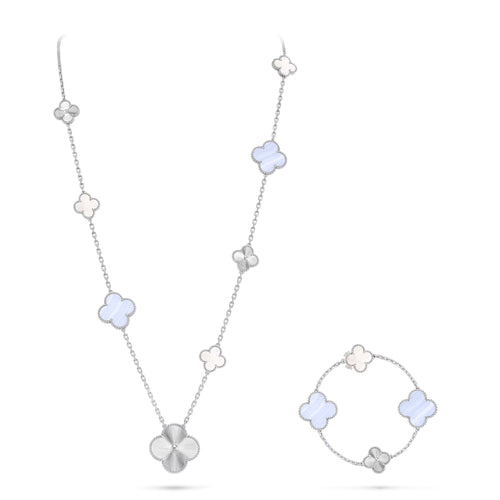 [Royal&Vicky]DETACHABLE CLOVER 15(11+4) FLOWER SILVER NECKLACE SET
