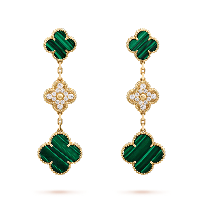 [Royal&Vicky]CLOVER EARRINGS GOLD MALACHITE DIAMOND 3 MOTIF