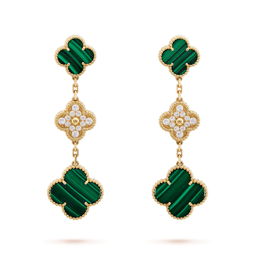 [Royal&Vicky]CLOVER EARRINGS GOLD MALACHITE DIAMOND 3 MOTIF