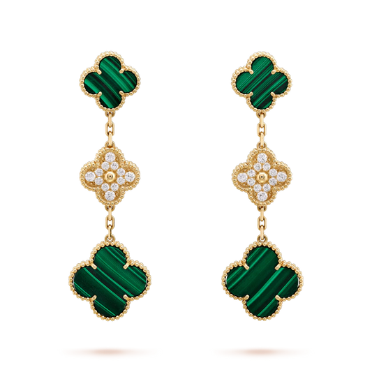 [Royal&Vicky]CLOVER EARRINGS GOLD MALACHITE DIAMOND 3 MOTIF