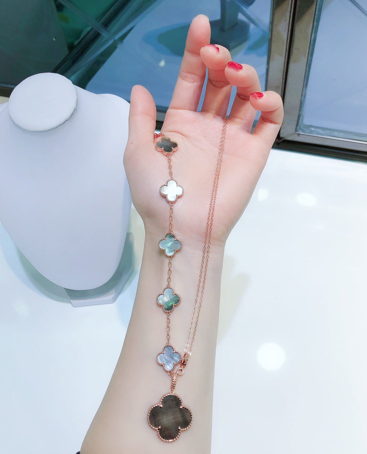 [Royal&Vicky]COMBINED BRACELET 5 MOTIFS AND NECKLACE DARK MOP ROSE GOLD