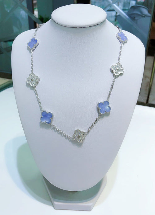 [Royal&Vicky]CLOVER 10 MOTIFS CHALCEDONY DIAMONDS SILVER NECKLACE