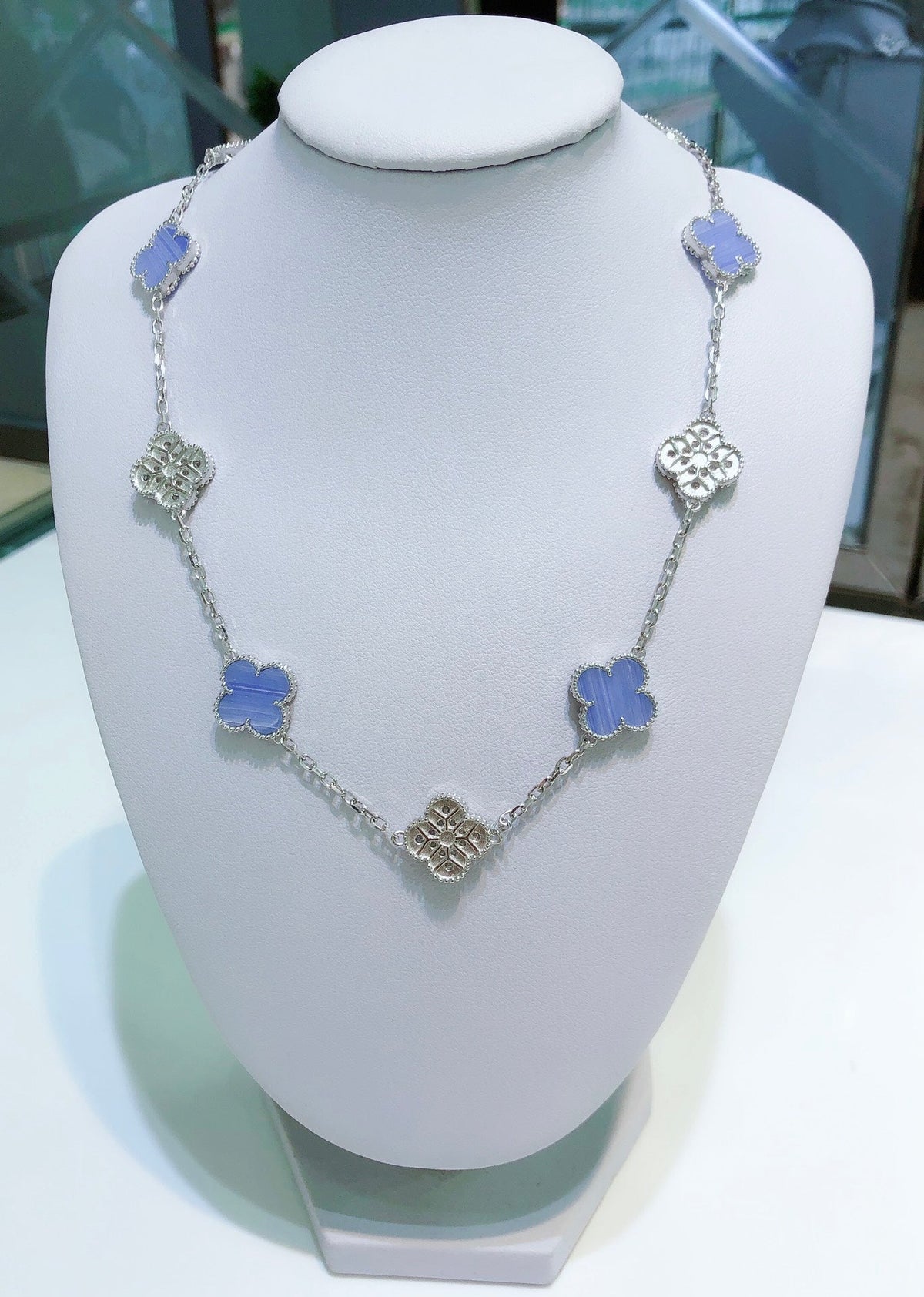 [Royal&Vicky]CLOVER 10 MOTIFS CHALCEDONY DIAMONDS SILVER NECKLACE