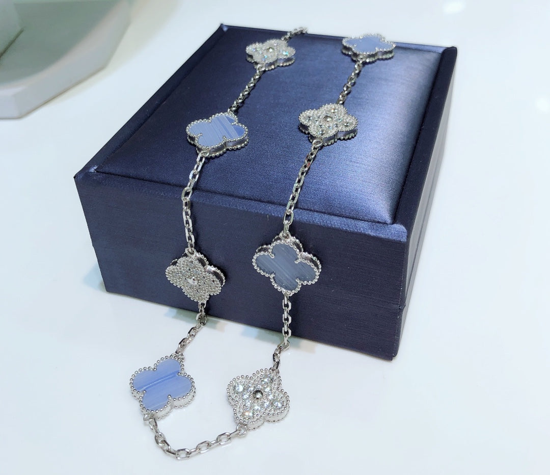 [Royal&Vicky]CLOVER 10 MOTIFS CHALCEDONY DIAMONDS SILVER NECKLACE