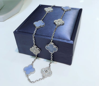 [Royal&Vicky]CLOVER 10 MOTIFS CHALCEDONY DIAMONDS SILVER NECKLACE