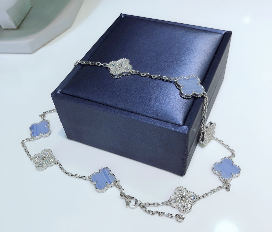 [Royal&Vicky]CLOVER 10 MOTIFS CHALCEDONY DIAMONDS SILVER NECKLACE