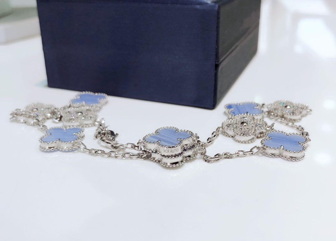 [Royal&Vicky]CLOVER 10 MOTIFS CHALCEDONY DIAMONDS SILVER NECKLACE