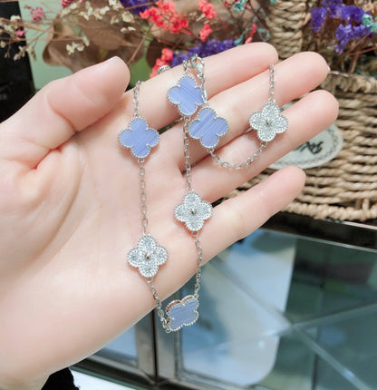 [Royal&Vicky]CLOVER 10 MOTIFS CHALCEDONY DIAMONDS SILVER NECKLACE