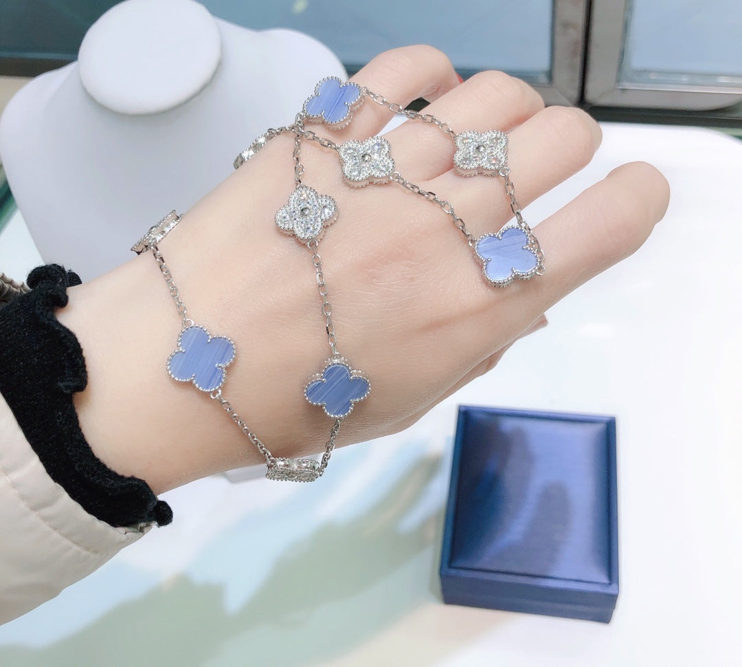 [Royal&Vicky]CLOVER 10 MOTIFS CHALCEDONY DIAMONDS SILVER NECKLACE