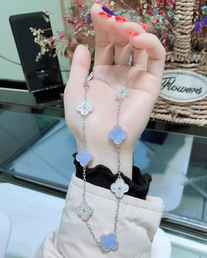 [Royal&Vicky]CLOVER 10 MOTIFS CHALCEDONY DIAMONDS SILVER NECKLACE