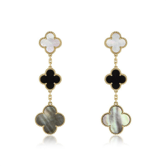 [Royal&Vicky]CLOVER EARRINGS GOLD ONYX MOP 3 MOTIF